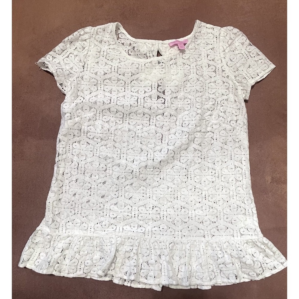 Lilly Pulitzer White Lace Semi Sheer Short Sleeves Top Size XS Summer Elegant
